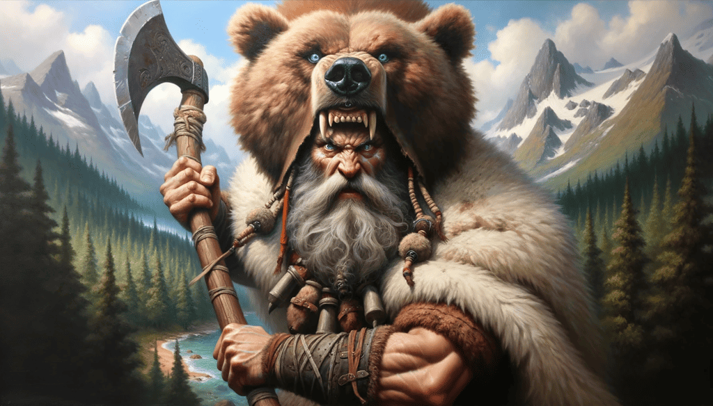 Norse berserker wearing bear skin in a Nordic landscape.