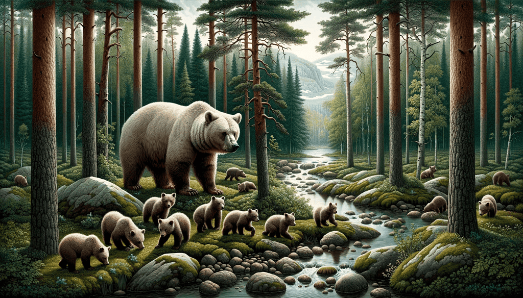 Protective mother bear standing guard over her cubs in a serene Nordic forest.