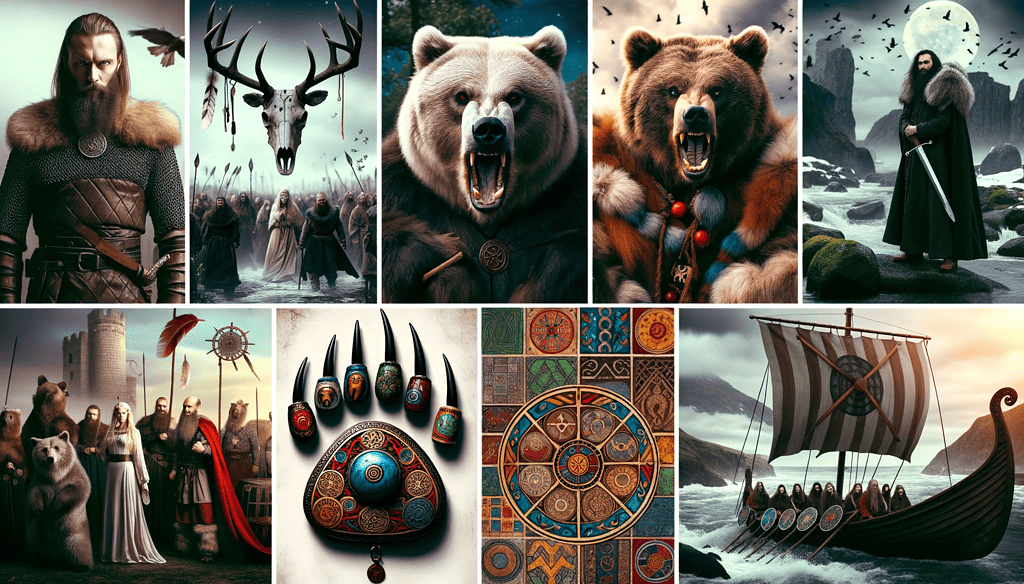 Collage of modern interpretations of Norse bear warriors, including stills from "Vikings" and contemporary pagan symbols.