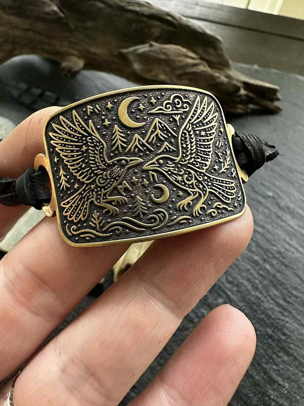 Viking raven wrap bracelet adjustable Norse mythology jewelry gift for him her Huginn Muninn rune cuff leather deer vegan cord