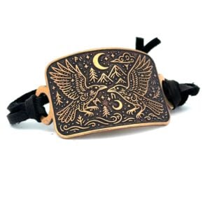 Viking raven wrap bracelet adjustable Norse mythology jewelry gift for him her Huginn Muninn rune cuff leather deer vegan cord