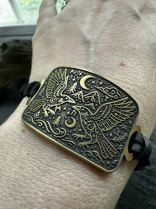 Viking raven wrap bracelet adjustable Norse mythology jewelry gift for him her Huginn Muninn rune cuff leather deer vegan cord