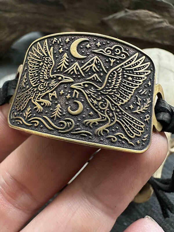 Viking raven wrap bracelet adjustable Norse mythology jewelry gift for him her Huginn Muninn rune cuff leather deer vegan cord