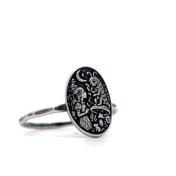 Sterling Silver Alice in Wonderland Ring, Storybook Jewelry with Caterpillar Scene