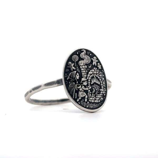 Sterling Silver Hansel and Gretel Ring, Fairy Tale Storybook Jewelry, Grimm Brothers Witch Oven Scene, Handmade Fantasy Ring