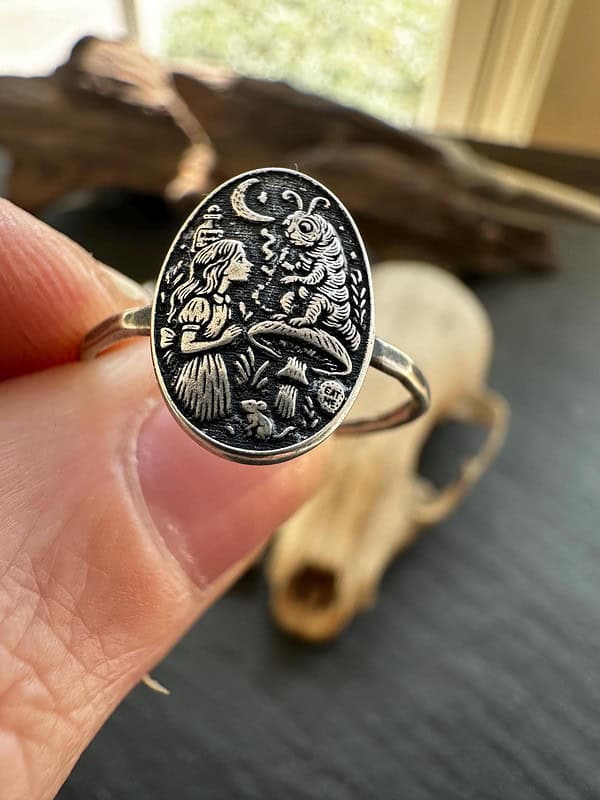 Sterling Silver Alice in Wonderland Ring, Storybook Jewelry with Caterpillar Scene