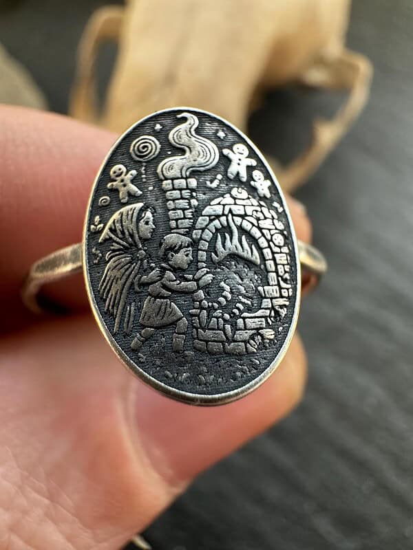 Sterling Silver Hansel and Gretel Ring, Fairy Tale Storybook Jewelry, Grimm Brothers Witch Oven Scene, Handmade Fantasy Ring