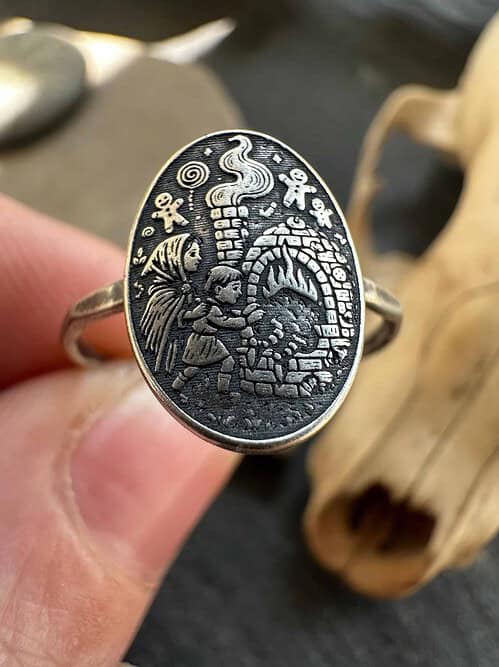 Sterling Silver Hansel and Gretel Ring, Fairy Tale Storybook Jewelry, Grimm Brothers Witch Oven Scene, Handmade Fantasy Ring