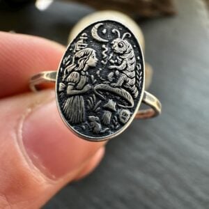 Sterling Silver Alice in Wonderland Ring, Storybook Jewelry with Caterpillar Scene, Handmade Fantasy Ring, Literary Folklore Jewelry