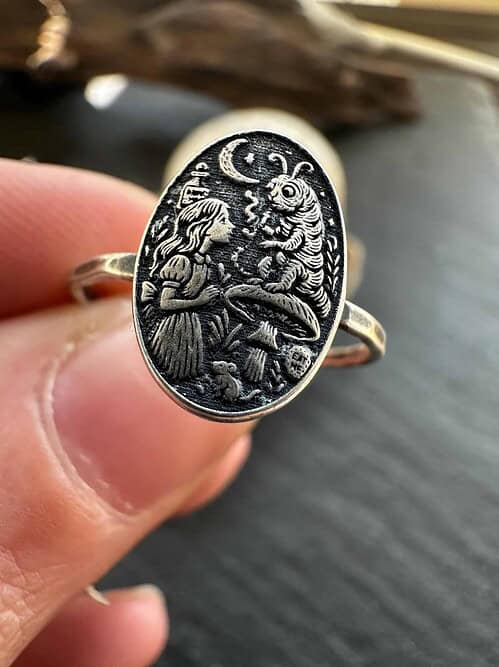 Sterling Silver Alice in Wonderland Ring, Storybook Jewelry with Caterpillar Scene