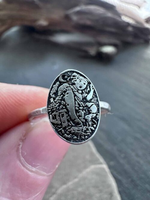 Sterling Silver Alice in Wonderland Ring, Storybook Jewelry with White Rabbit House Scene