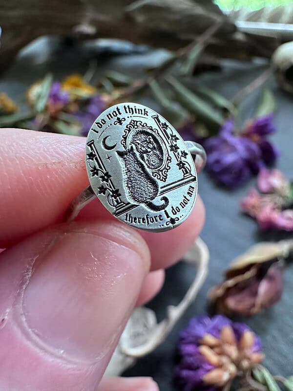 Sterling Silver Cat Ring - I Do Not Think Therefore I Do Not Am