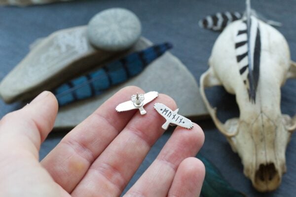 Raven Stud Earrings - Huginn and Muninn - Odin's Ravens - Viking Jewelry - Elder Futhark Runes - Norse Pagan Raven Stud Earrings - Huginn and Muninn - Odin's Ravens - Viking Jewelry - Elder Futhark Runes - Norse Pagan