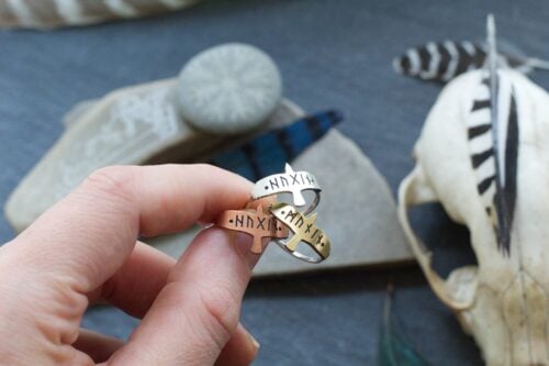 Raven Ring - Huginn and Muninn - Odin's Ravens - Viking Jewelry - Elder Futhark Runes - Norse Pagan - Copper Brass Fine Silver