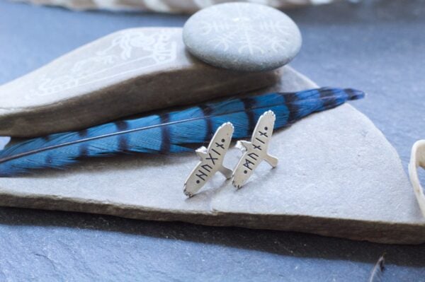Raven Stud Earrings - Huginn and Muninn - Odin's Ravens - Viking Jewelry - Elder Futhark Runes - Norse Pagan Raven Stud Earrings - Huginn and Muninn - Odin's Ravens - Viking Jewelry - Elder Futhark Runes - Norse Pagan