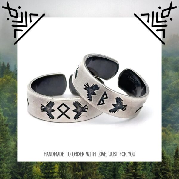 Rune Ring  - Huginn and Muninn - Viking Jewelry - Pagan Wedding Gift - Raven Jewelry - Ansuz - Runes - Spirit Animal