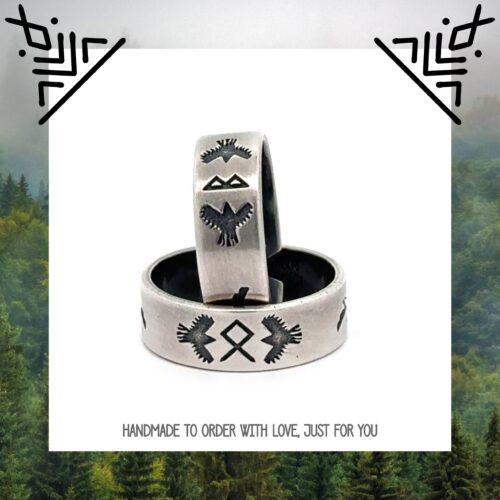 Rune Ring  - Huginn and Muninn - Viking Jewelry - Pagan Wedding Gift - Raven Jewelry - Ansuz - Runes - Spirit Animal